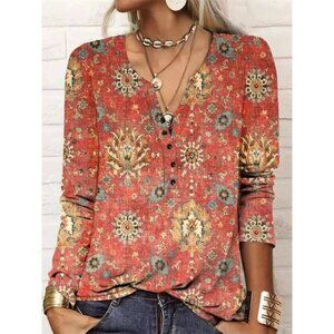 Red Casual V Neck Floral Printed Long Sleeve Blouse